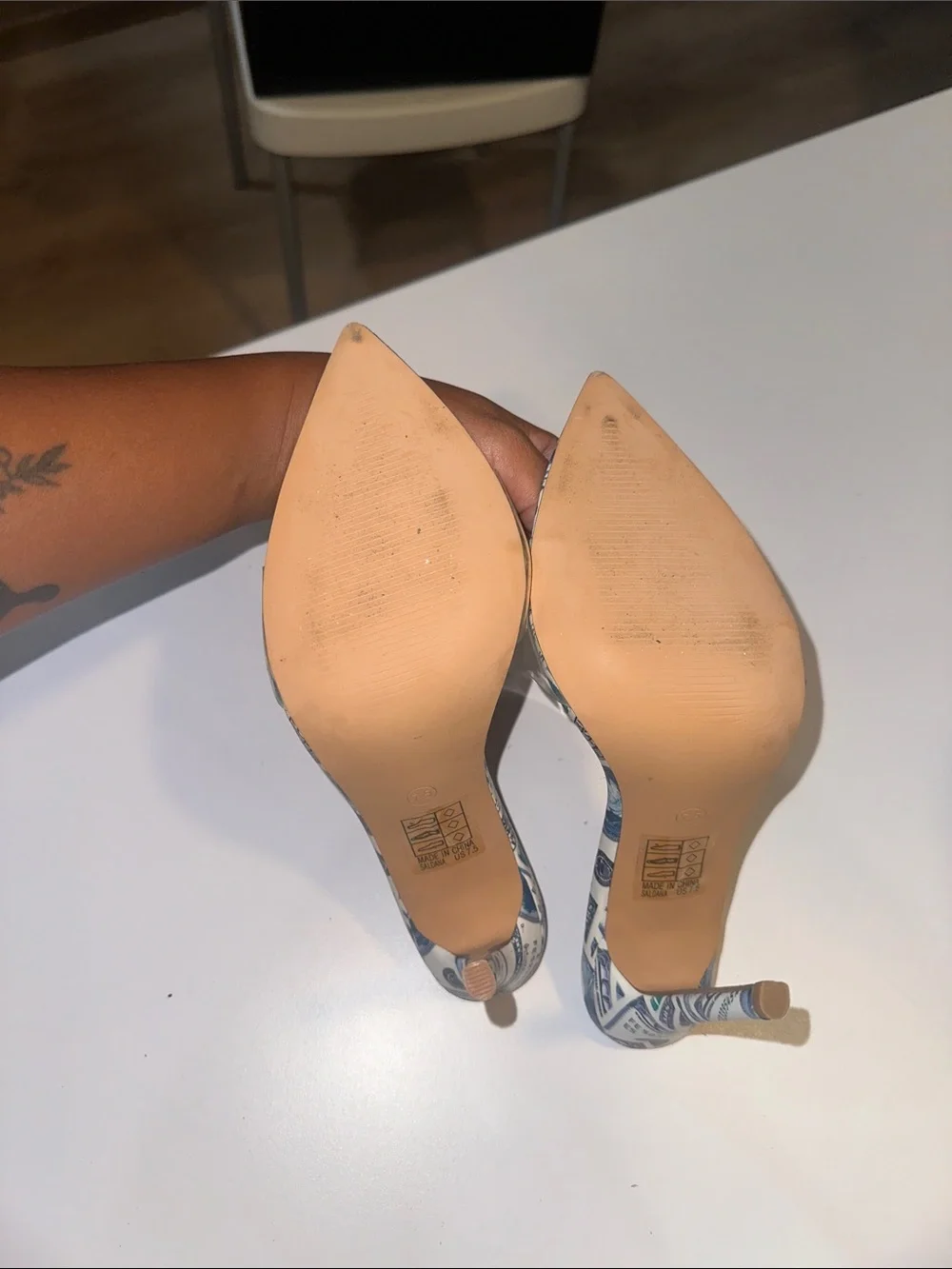 So Me Money Print Pointed Toe High Heel Slide - White/Green
